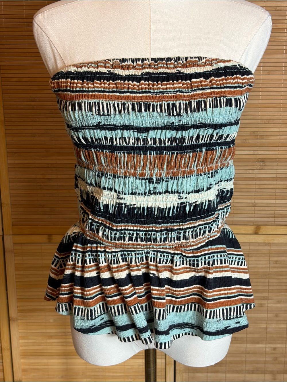 Smocked Strapless Peplum Camisole in Black, Mint & Brown S Boho